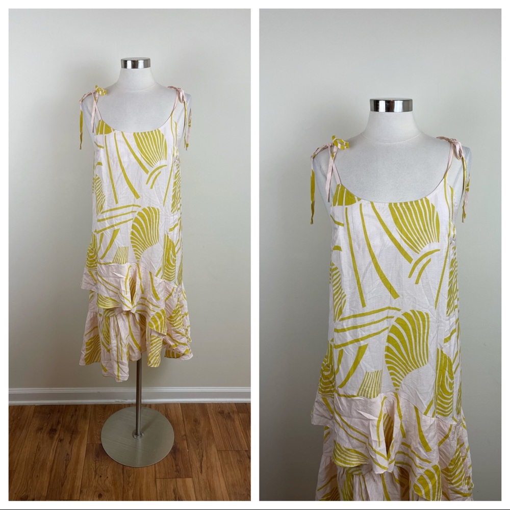 FRNCH Paris Blush Pink Green Tropical Floral Ruffle Dress Women Medium